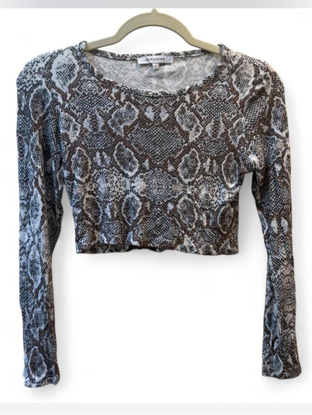 Olivaceous Brown Snake Print Cropped Long-Sleeve Top